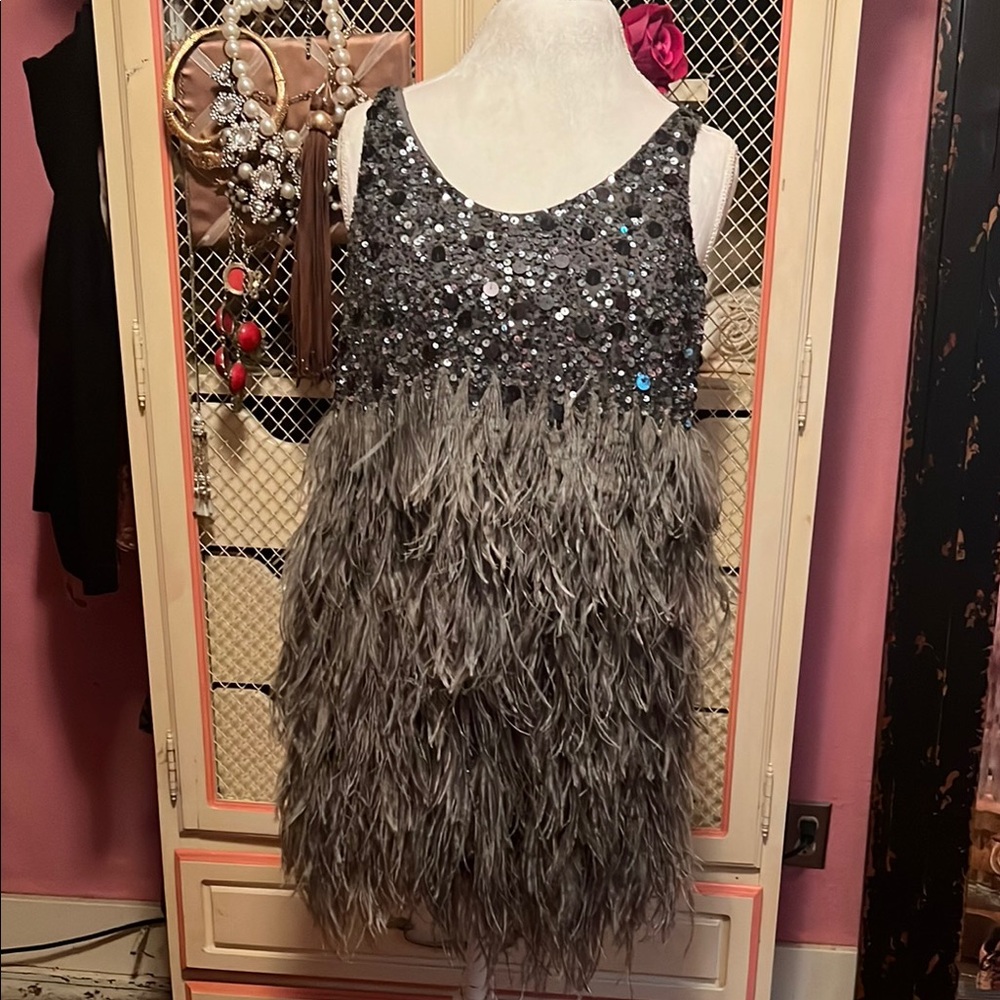 Silver Sequin and Feather Embellished Dress